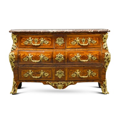 View full screen - View 1 of Lot 141. A Louis XV gilt-bronze mounted kingwood bombé commode, circa 1730.