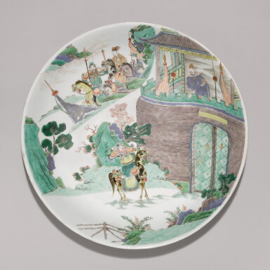 View full screen - View 1 of Lot 21. A large famille-verte 'figural' dish Mark and period of Kangxi | 清康熙 五彩人物故事圖紋大盤 《大清康熙年製》款.