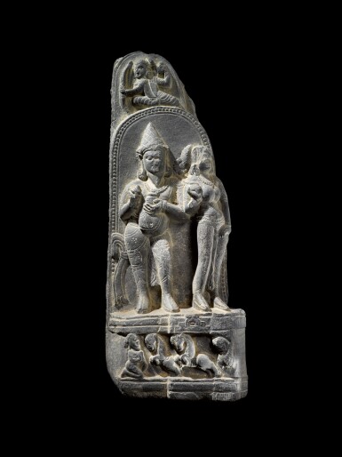 View full screen - View 1 of Lot 826. A gray schist figure of a royal couple, Northeastern India, Pala period, 10th century.