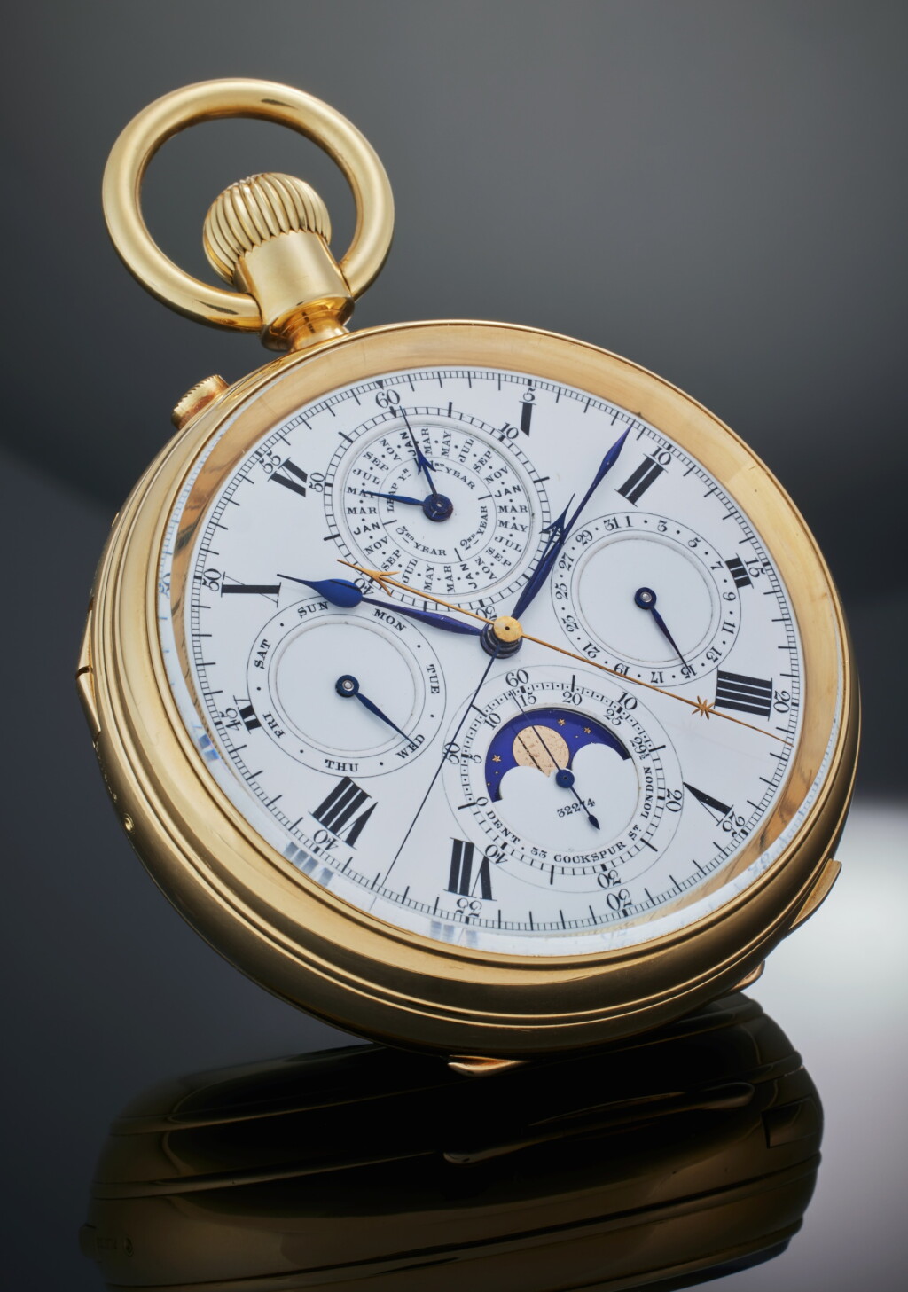 全螢幕檢視 - 查看48An important oversize yellow gold open-faced two train keyless one-minute tourbillon, grande and peitite sonnerie clock watch with minute repetition, split seconds chronograph and perpetual calendar with moon phases No. 32274, hallmarked 1901-2的1