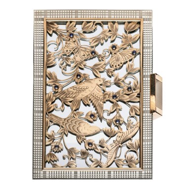 View full screen - View 1 of Lot 1273. A jewelled parcel-gilt silver minaudiere, Boucheron, Paris, circa 1930, with three matching textile purses.