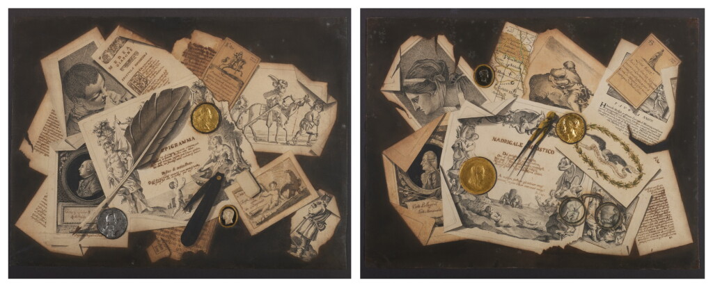 View full screen - View 1 of Lot 136. A trompe l'œil of literary extracts, engravings, medallions, spectacles, a pen knife and a quill pen; A trompe l'œil of literary extracts, maps, engravings, medallions and a compass .