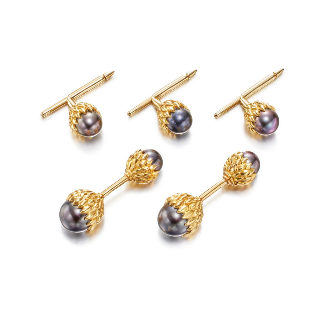 View full screen - View 1 of Lot 77. A Gold and Cultured Pearl Dress Set.