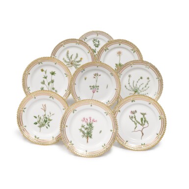 View full screen - View 1 of Lot 350. Nine Royal Copenhagen ‘Flora Danica’ bread and butter plates, Modern.