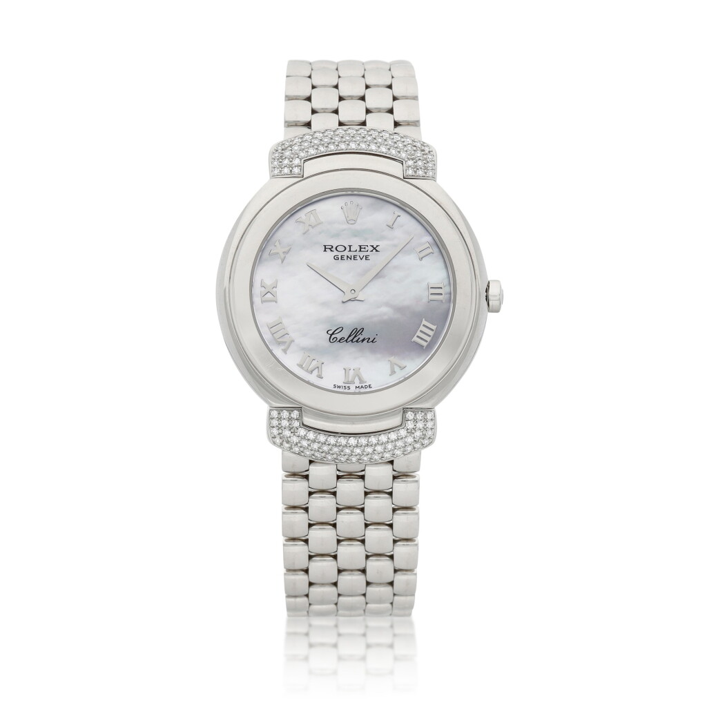 View full screen - View 1 of Lot 8041. Cellini, Reference 6682, A white gold and diamond-set bracelet watch with mother-of-pearl dial, Circa 2009 | 勞力士 Cellini 型號6682 白金鑲鑽石鏈帶腕錶,備珠母貝錶盤,約2009年製.