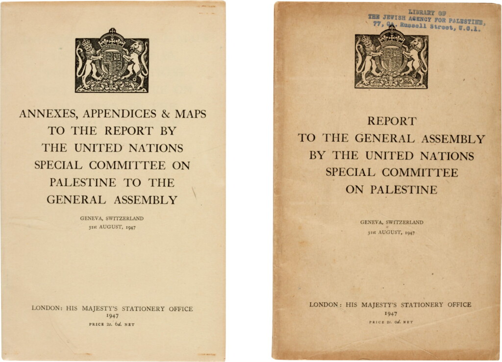 View full screen - View 1 of Lot 69. Report... by the United Nations Special Committee on Palestine. 1947, 2 volumes including annexes, appendices, and maps.