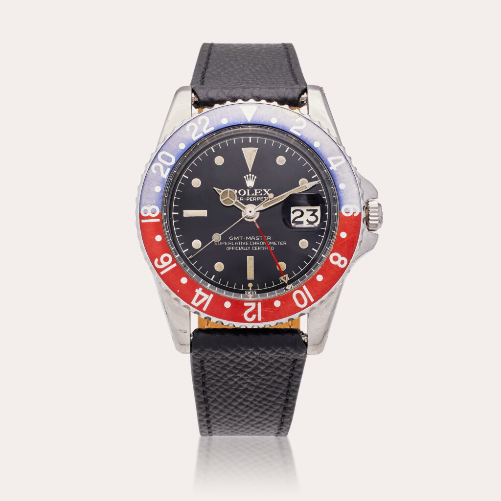 View full screen - View 1 of Lot 179. Reference 1675 GMT-Master 'Pepsi' | A stainless steel automatic dual time zone wristwatch exclamation point dial, eagle beak crown guards and date, Circa 1967.