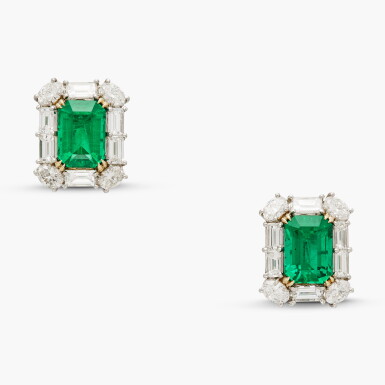 View full screen - View 1 of Lot 331. Pair of Emerald and Diamond Earclips.