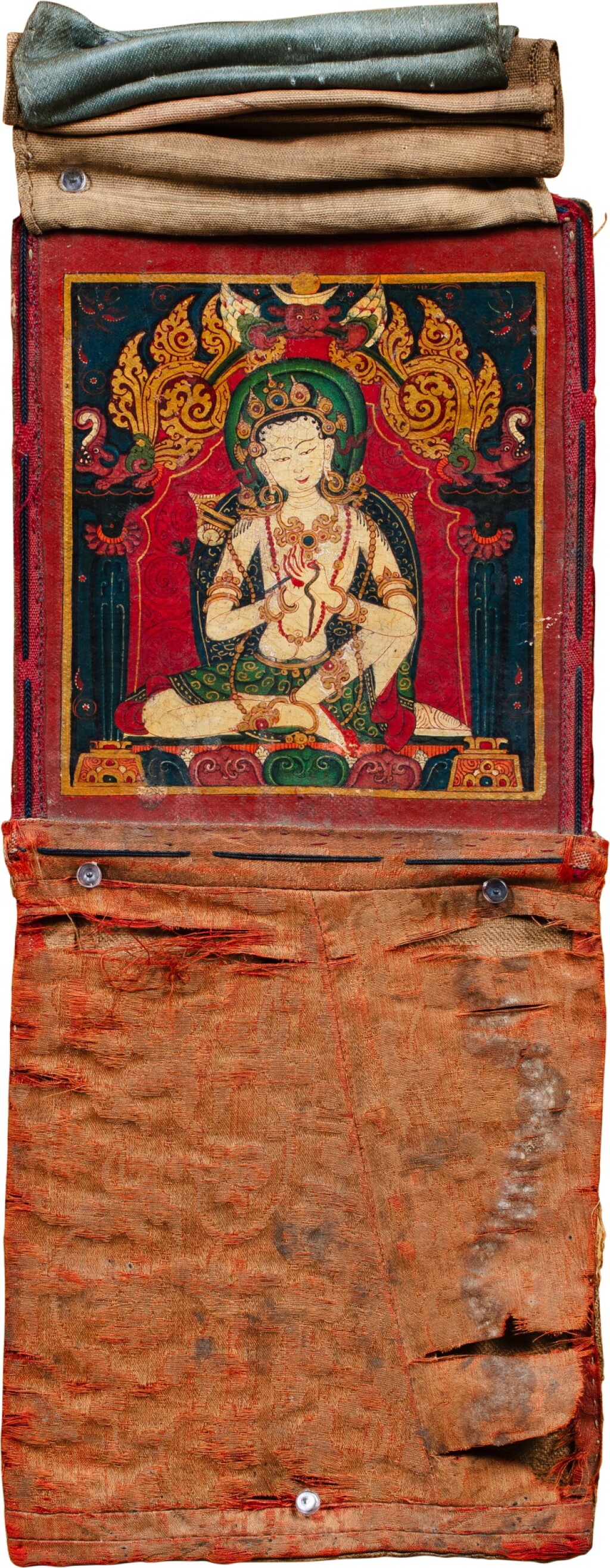 View full screen - View 1 of Lot 49. A small thangka depicting a Bodhisattva, Tibet, 14th - 15th century | 十四至十五世紀 藏傳菩薩唐卡 設色布本.