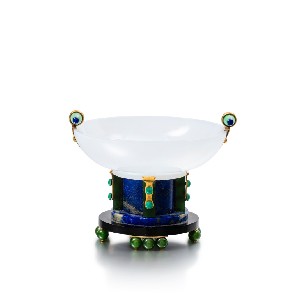 View full screen - View 1 of Lot 138. Chalcedony, jade, lapis lazuli, onyx and enamel bowl.