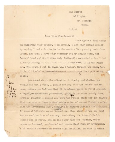 View full screen - View 1 of Lot 270. George Orwell | Typed letter signed, to Amy Charlesworth, with his views on the Spanish Civil War, 1 August 1937.