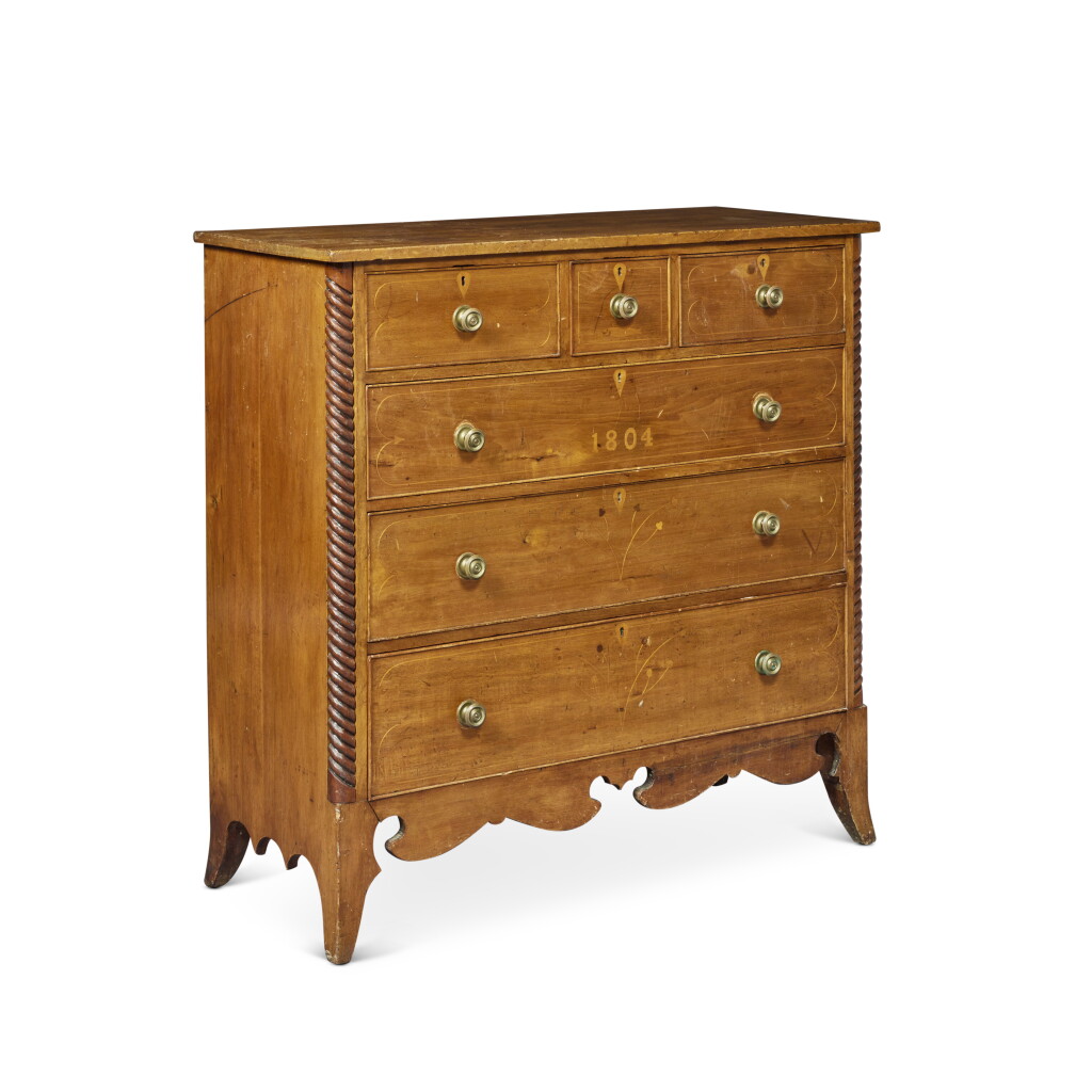 View full screen - View 1 of Lot 361. A Federal Inlaid Chest of Drawers, Bellechasse County, Quebec, Canada, dated 1804.