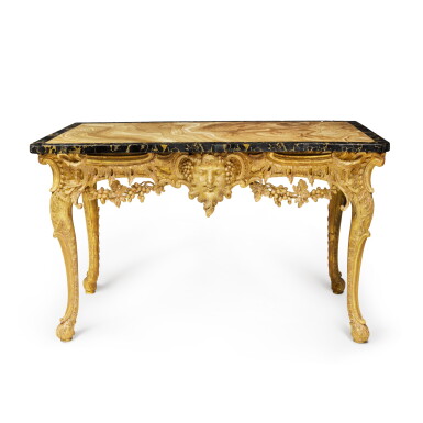 View full screen - View 1 of Lot 20. A George II Giltwood Console Table, Circa 1750, with a 19th Century Albastro Fiorito and Portor Marble Top.
