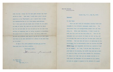 View full screen - View 1 of Lot 31. THEODORE ROOSEVELT | A vacationing Teddy Roosevelt decries the proliferation of "faked" news.