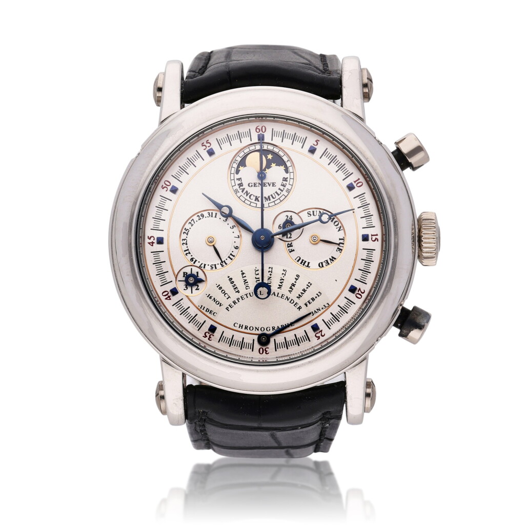 View full screen - View 1 of Lot 126. Reference 7000 QPE | A platinum double-faced perpetual calendar chronograph wristwatch with moon phases, equation of time, retrograde months and 24-hour indication, Circa 1995 | Franck Muller 7000 QPE | 型號鉑金雙面萬年曆計時腕錶備月相、時間等式、逆跳月份及24小時顯示,約1995年製.