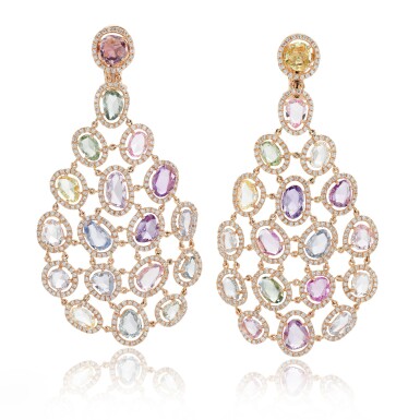 View full screen - View 1 of Lot 110. Pair of diamond and gem set earrings, 2013.
