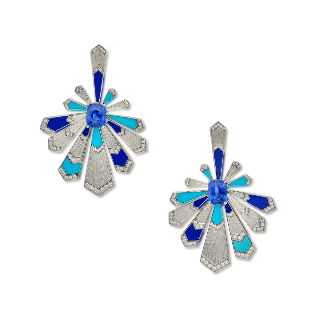 View full screen - View 1 of Lot 35. Pair of Sapphire, Turquoise, Lapis Lazuli and Diamond 'Monaco' Pendant-Earclips.