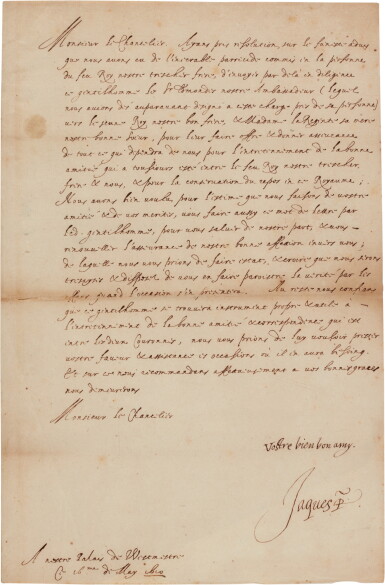 View full screen - View 1 of Lot 13. King James I | Letter signed, to Sillery, on the asssassination of Henri IV, 16 May 1610 .