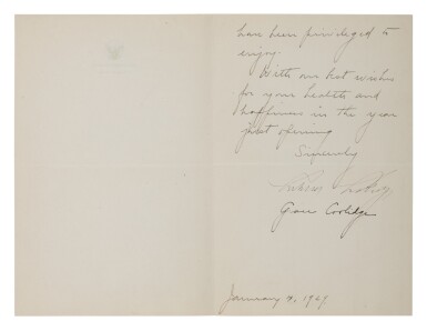View full screen - View 1 of Lot 18. Coolidge, Grace and Calvin | A very uncommon White House letter signed by both First Lady and President Coolidge.