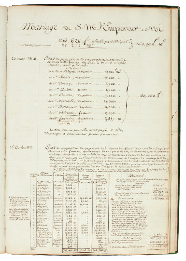 View full screen - View 1 of Lot 108. Napoleon I--Grand Maitre des Ceremonies | Account book, including Napoleon's wedding ceremonies, 1810.
