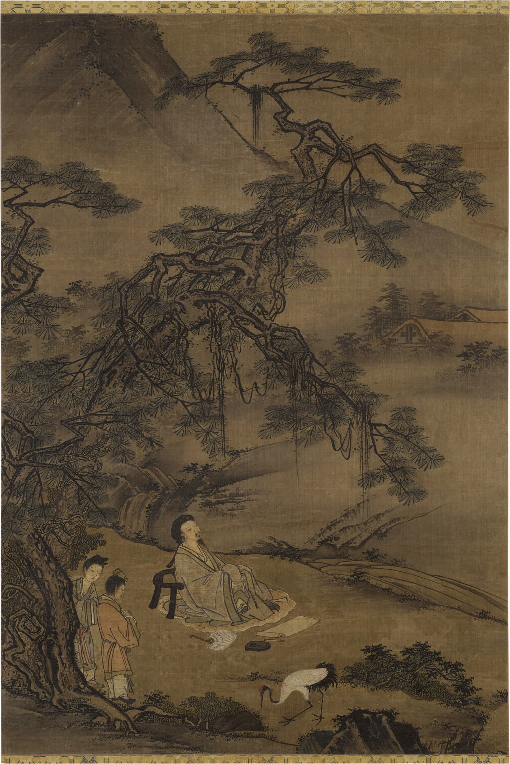 View full screen - View 1 of Lot 87. Marquis Wu reclining, ink and color on silk, framed | 無款(明) 松下武侯 設色絹本 鏡框.