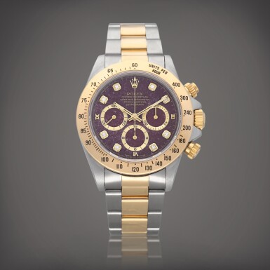 View full screen - View 1 of Lot 39. Daytona 'Zenith', Reference 16523 A possibly unique stainless steel and yellow gold chronograph wristwatch with bracelet and 'Coeur de rubis' and diamond-set dial Circa 1995 | 勞力士 | Daytona 'Zenith' 型號 16523 應為獨一無二精鋼及黃金計時鍊帶腕錶,配 'Cœur de Rubis' 鑽石錶盤,製作年份約 1995.