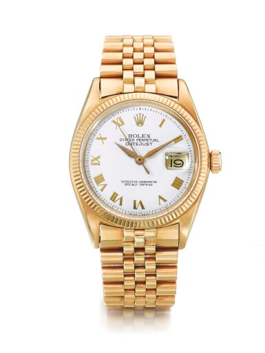 View full screen - View 1 of Lot 65. ROLEX | REF 1601 DATEJUST, A YELLOW GOLD AUTOMATIC WRISTWATCH WITH DATE AND BRACELET CIRCA 1960 .