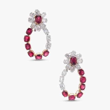 View full screen - View 1 of Lot 860. Pair of Ruby and Diamond Earrings.