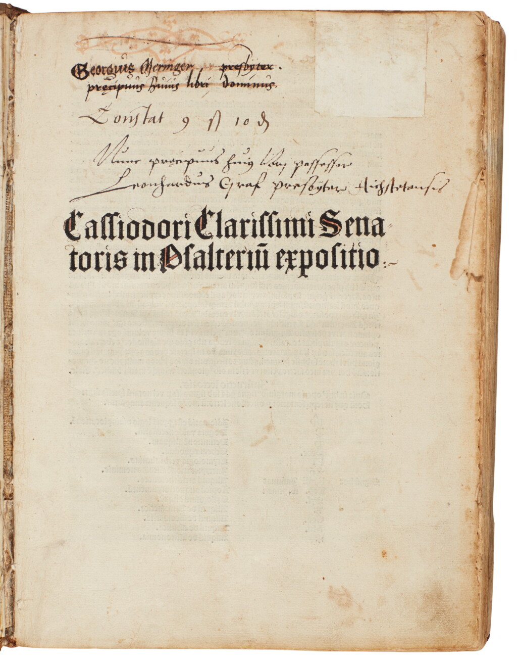 View full screen - View 1 of Lot 162. Cassiodorus, Expositio in Psalterium, Basel, 1491, contemporary half stamped pigskin over wooden boards.