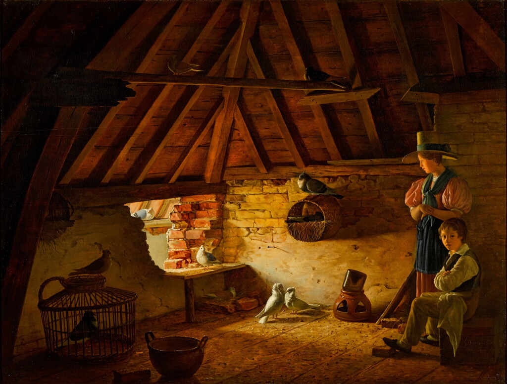 View full screen - View 1 of Lot 60. HENRI VOORDECKER | A BOY AND A GIRL WITH THEIR PIGEONS IN A LOFT.