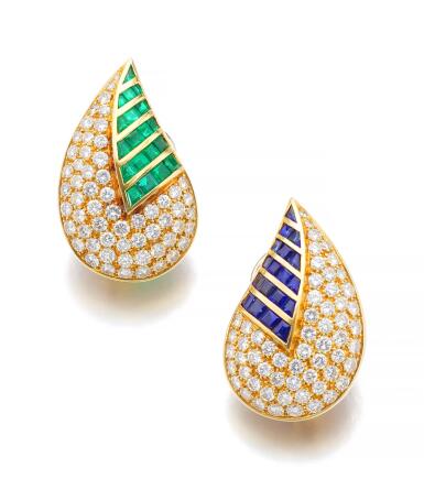 View full screen - View 1 of Lot 86. PAIR OF EMERALD, SAPPHIRE AND DIAMOND EAR CLIPS | FASANO.