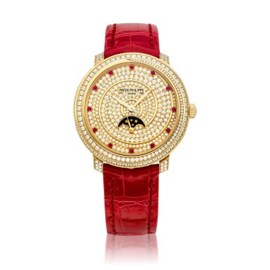 View full screen - View 1 of Lot 2228. Reference 4968 | A pink gold, diamond and ruby-set wristwatch with moon phases, Circa 2016 | 百達翡麗 | 型號4968 | 粉紅金鑲鑽石及紅寶石腕錶,備月相顯示,約2016年製.