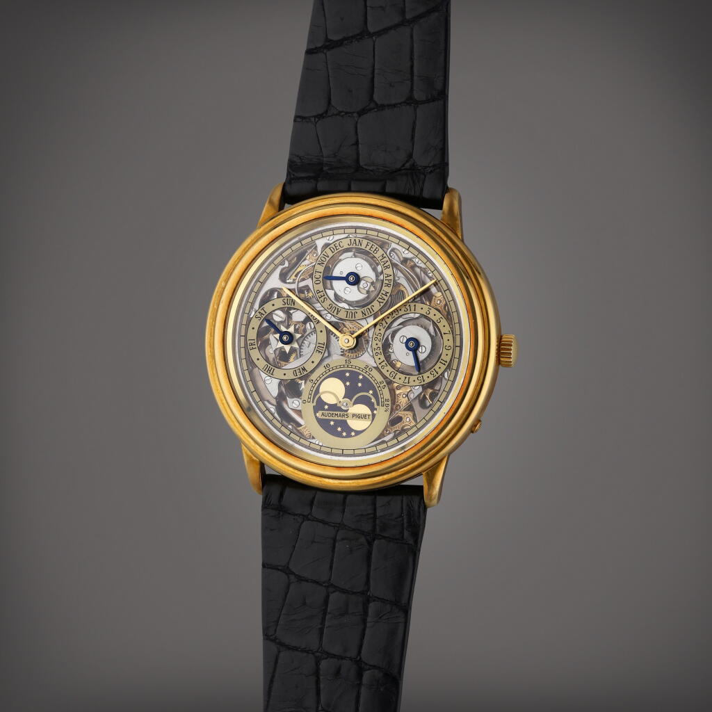 View full screen - View 1 of Lot 107. Reference 25558BA Quantieme Perpetual | A yellow gold automatic skeletonized perpetual calendar wristwatch with moon phases, Circa 1990.