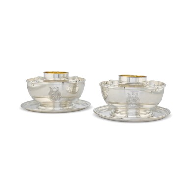 View full screen - View 1 of Lot 126. A pair of silver caviar bowls and stands, maker's mark 'MdI', London, 2010.