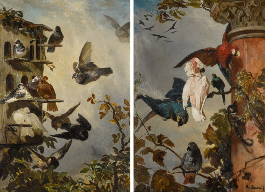 View full screen - View 1 of Lot 1. PHILIPPE ROUSSEAU | A STILL LIFE WITH PIGEONS IN A ROOSTING HOUSE IN A TREETOP; AND A STILL LIFE WITH PARROTS AND A MONKEY PERCHED ON THE BRANCHES OF A GRAPEVINE .