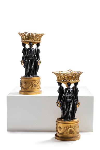 View full screen - View 1 of Lot 154. A pair of Empire style gilt and patinated bronze centrepieces, in the taste of Pierre-Philippe Thomire, late 19th century.