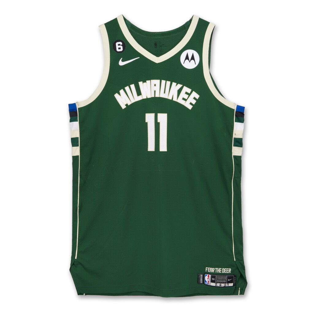 View full screen - View 1 of Lot 87. Brook Lopez Milwaukee Bucks 2022-2023 Game Worn Icon Edition Jersey.