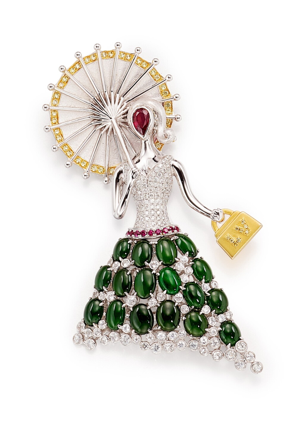 View full screen - View 1 of Lot 1551. JADEITE, RUBY AND DIAMOND BROOCH / PENDANT | 天然翡翠 配 紅寶石 及 鑽石 別針/ 掛墜.