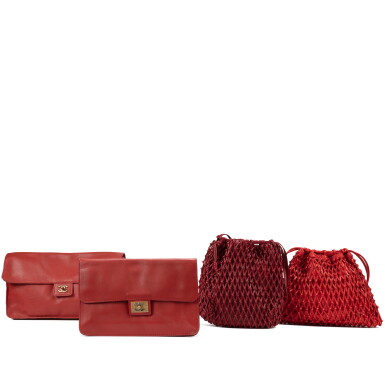 View full screen - View 1 of Lot 640. Frances Patiky Stein's Collection: Set of Four Red Lambskin Pochettes and Wowen leather tote bags.