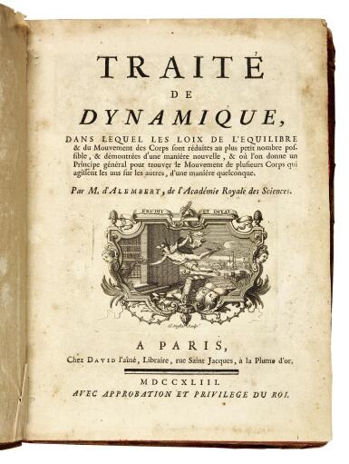 View full screen - View 1 of Lot 137. D'Alembert, Traité de dynamique, Paris, 1743, contemporary marbled calf.