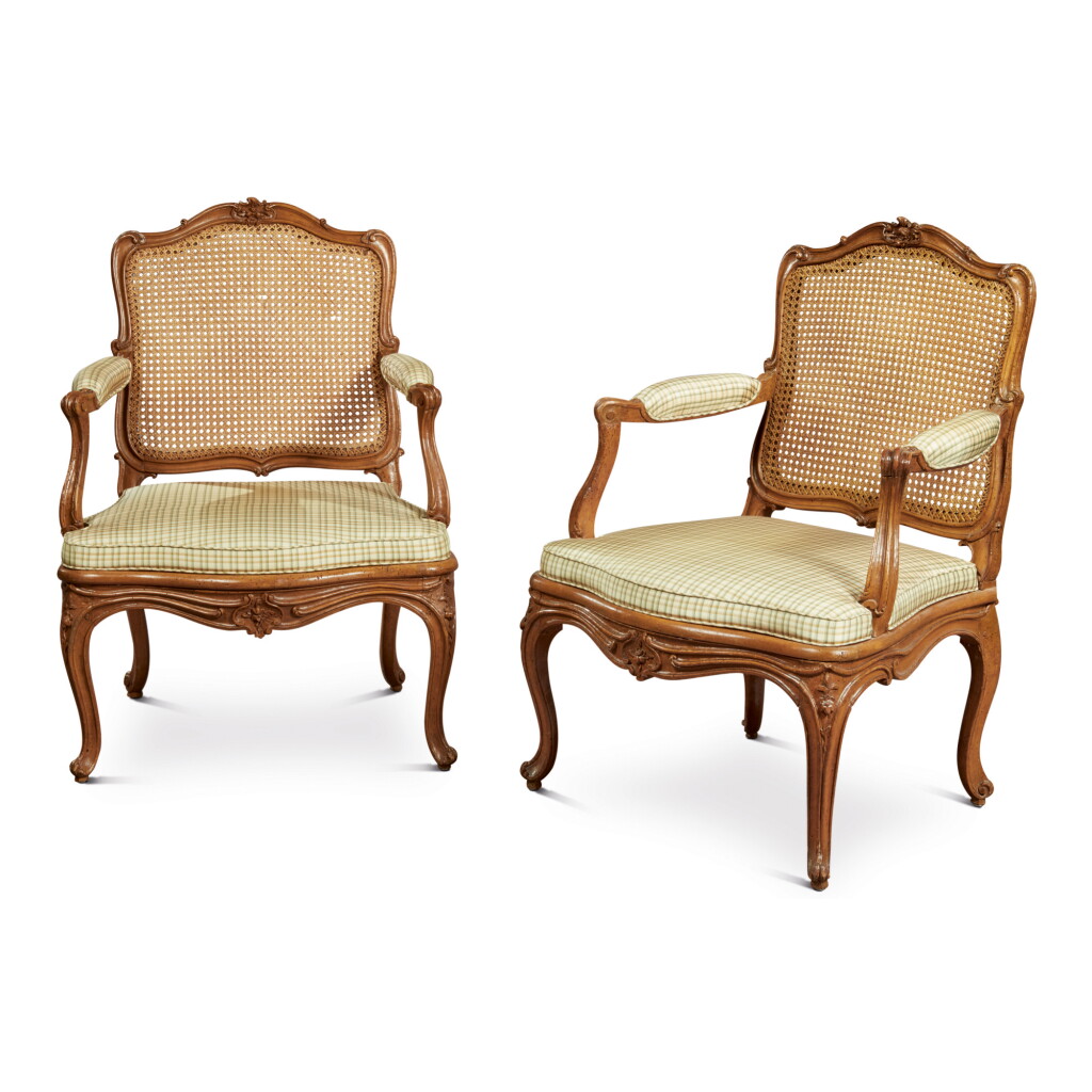 View full screen - View 1 of Lot 172. A PAIR OF LOUIS XV CARVED BEECHWOOD FAUTEUILS, STAMPED MC, POSSIBLY FOR MICHEL CRESSON, CIRCA 1740.