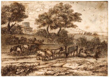 View full screen - View 1 of Lot 29. A pastoral landscape with a coastal view in the background, a building with a tower to the left, herdsman and cattle .