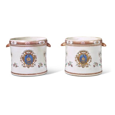 View full screen - View 1 of Lot 657. A Pair of Chinese Export Armorial Wine Coolers, Qing Dynasty, Yongzheng Period, circa 1725.