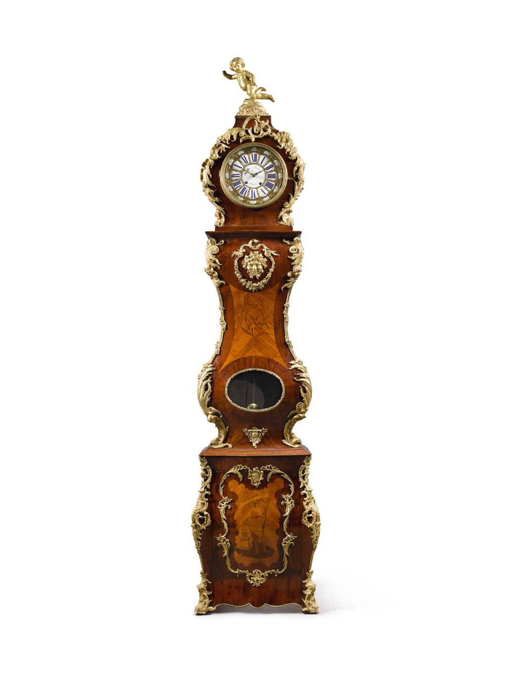 View full screen - View 1 of Lot 46. A Louis XV-Style Gilt-Bronze-Mounted Tulipwood, Amaranth and Marquetry Tall-Case Clock, 19th Century.