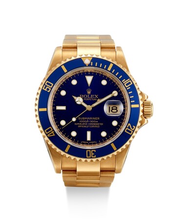 View full screen - View 1 of Lot 8067. ROLEX | SUBMARINER, REFERENCE 16618 T, A YELLOW GOLD WRISTWATCH WITH DATE AND BRACELET, CIRCA 2006.