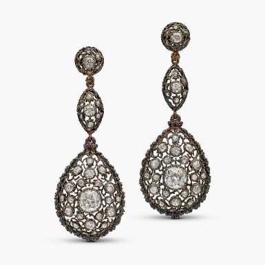 View full screen - View 1 of Lot 1633. Pair of Diamond Pendant Earrings, Circa 1930 | 馬里奧 布契拉提 | 鑽石 耳墜一對, 年份約1930.