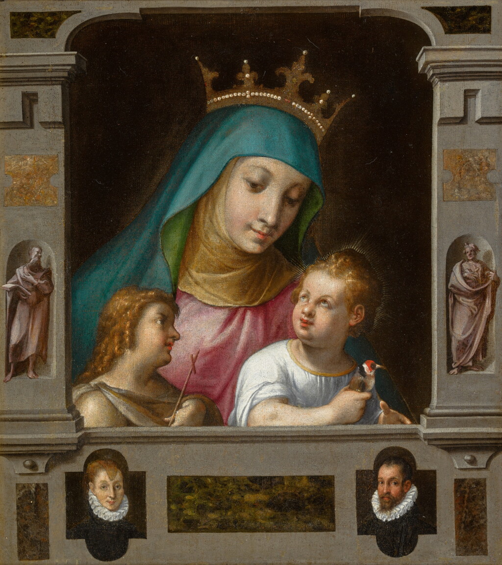 View full screen - View 1 of Lot 134. The Virgin and Child with the Infant Saint John the Baptist, in a mannerist architectural frame inset with donor portraits.