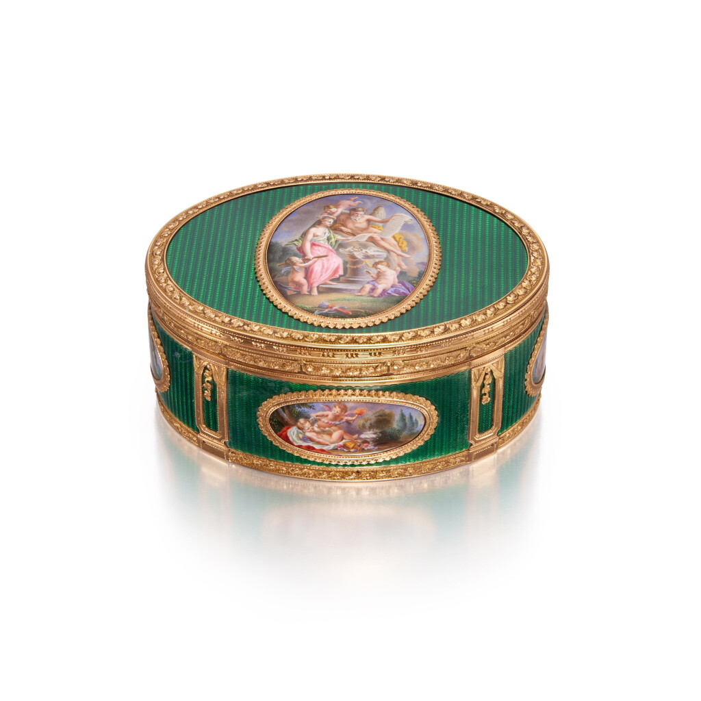 View full screen - View 1 of Lot 521. A Large Oval Gold and Enamel Snuff Box, 19th Century in Earlier Taste .