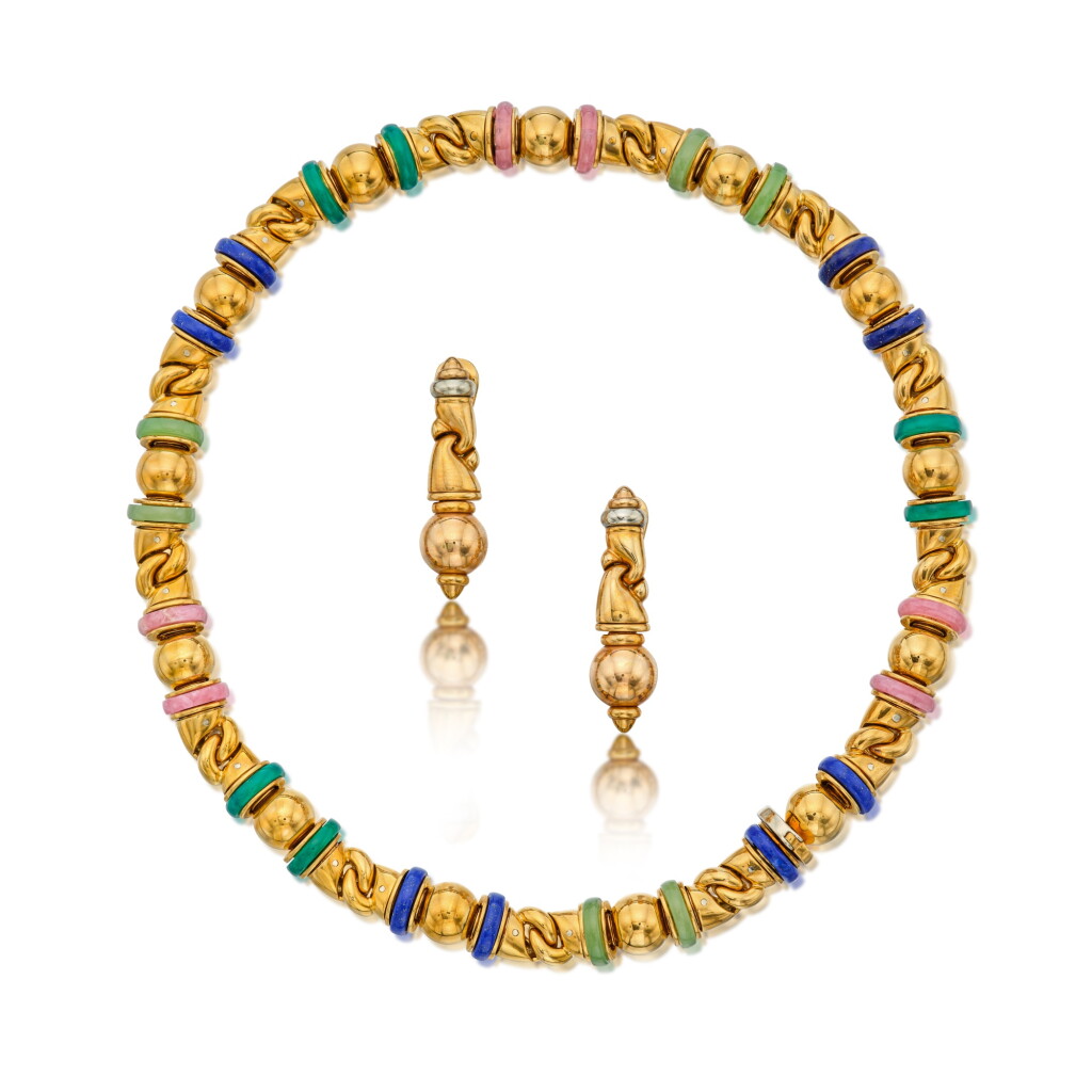 View full screen - View 1 of Lot 375. Gold and Hardstone Necklace and Pair of Three-Color Gold Earclips.