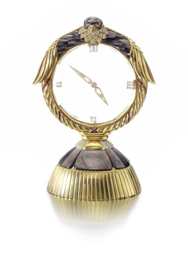 View full screen - View 1 of Lot 38. GEM SET AND DIAMOND DESK CLOCK, ASPREY.